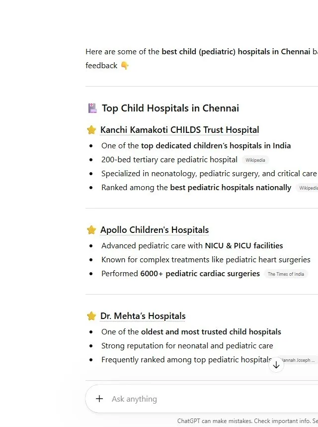 ChatGPT lists the hospital for “best child hospital in chennai”.