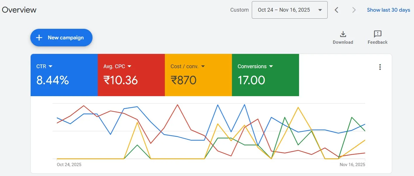 Search campaign, 24 Oct to 16 Nov 2025: 8.44% clicked, 17 conversions at ₹870 each.
